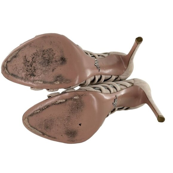 Prada Beige Suede Wavy Shootie Peep Toe Cage Heels Size 41 Neutral - Picture 8 of 9